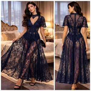 VTG Sheer Navy Lace Corset Back Maxi Dress M/L Whimsigoth Dark Academia Coquette